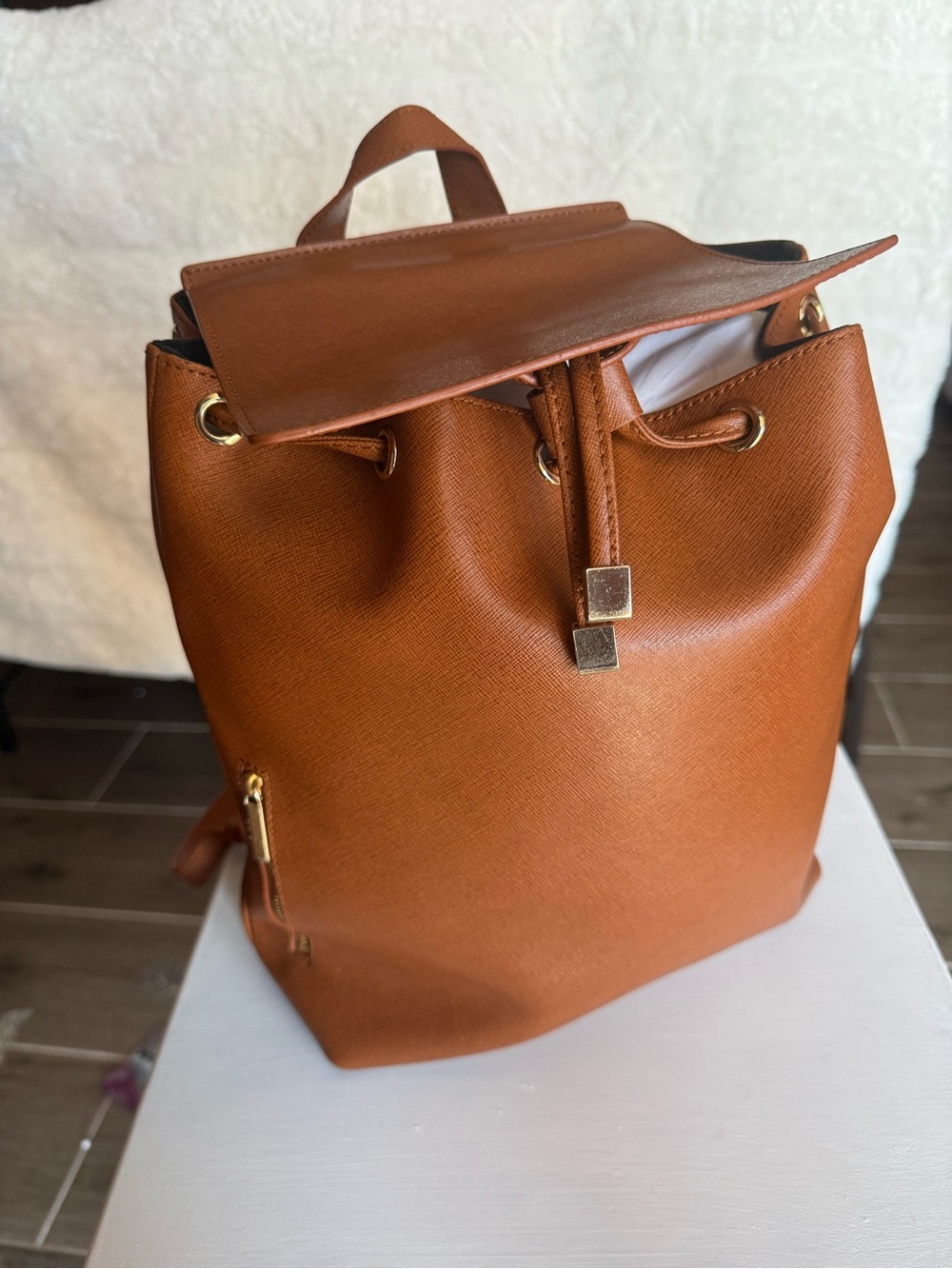 Barneys New York Cognac Saffiano Leather Bucket Backpack